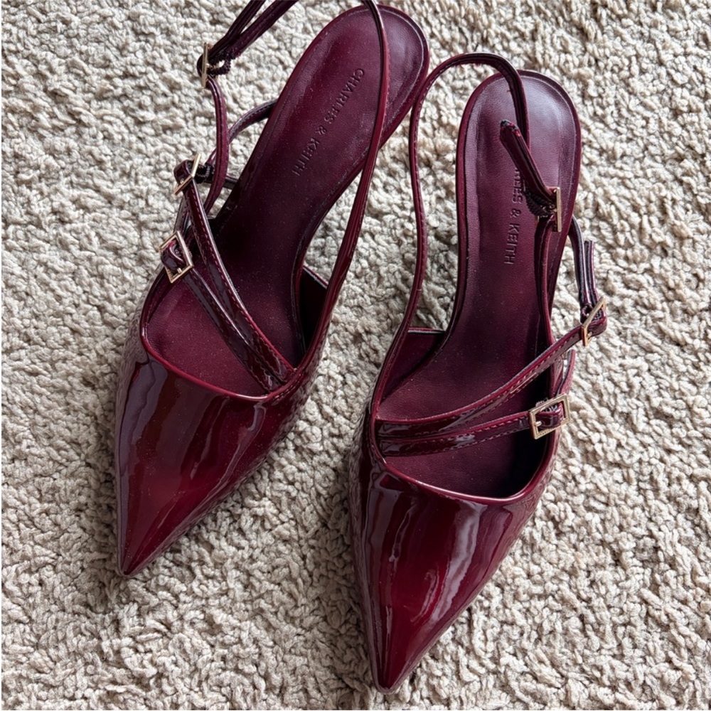 Charles & Keith Burgundy Slingback Kitten Heels Sz6 Elegant Everyday Nightwear - Picture 7 of 7